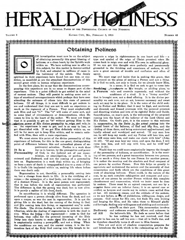 Title Page of Herald of Holiness - February 3, 1915