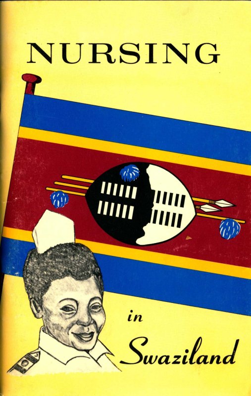 Book cover with title and author and the flag of Swaziland with a nurse in the foreground 