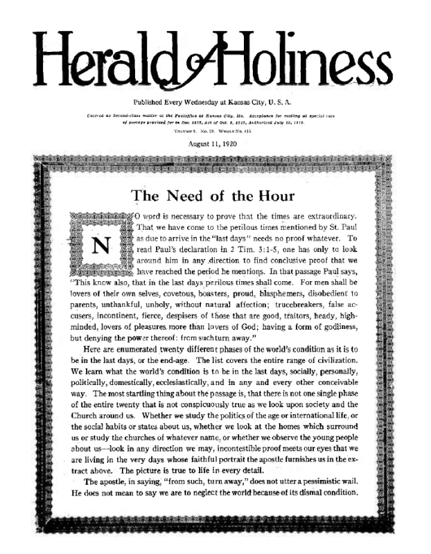 Title Page of Herald of Holiness - August 11, 1920