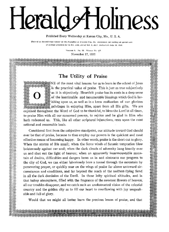 Title Page of Herald of Holiness - November 17, 1920