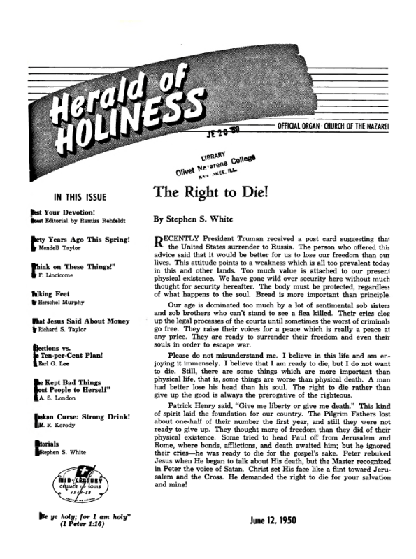 Cover page of Herald of Holiness - June 12, 1950