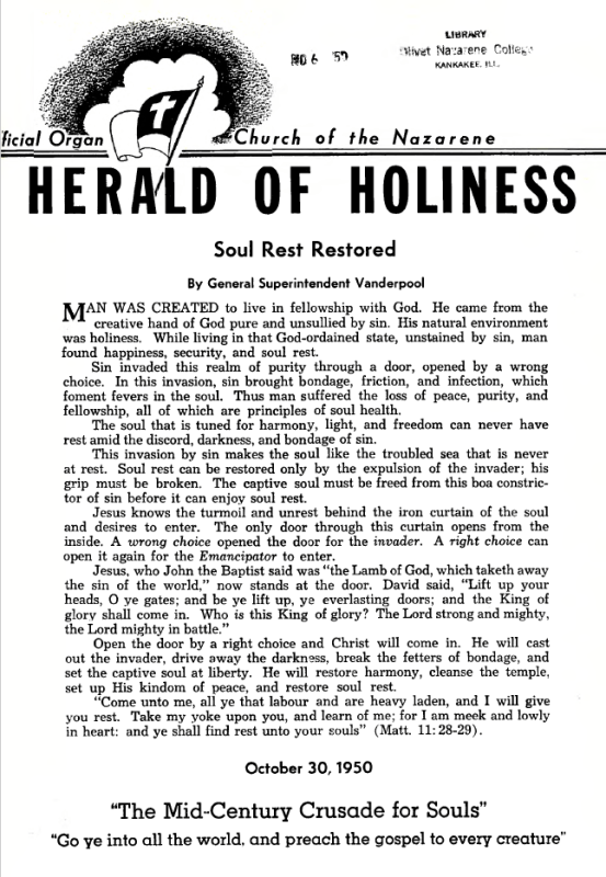 Cover of Herald of Holiness - October 30, 1950