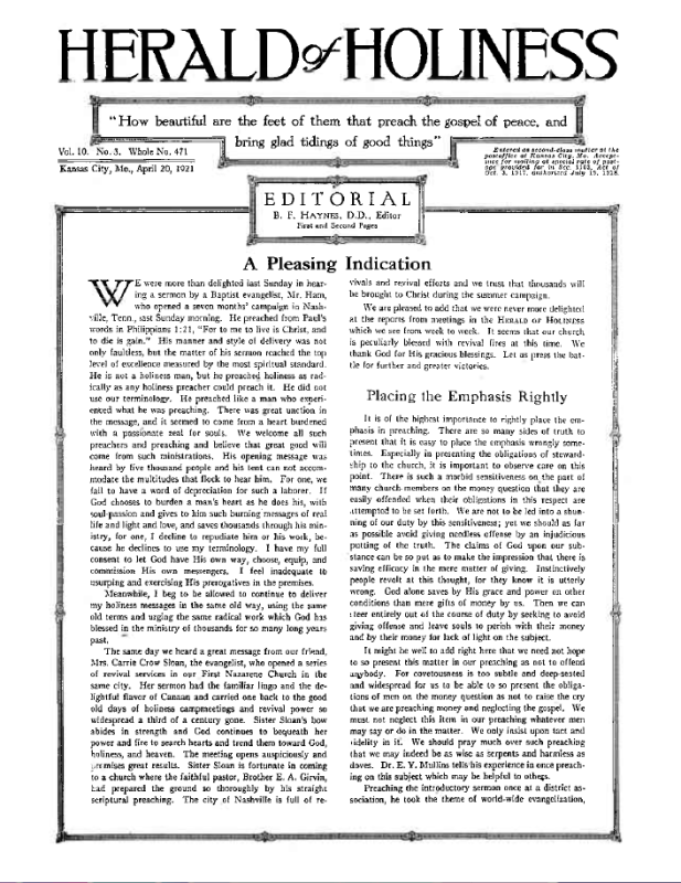 Title Page of Herald of Holiness - April 20, 1921