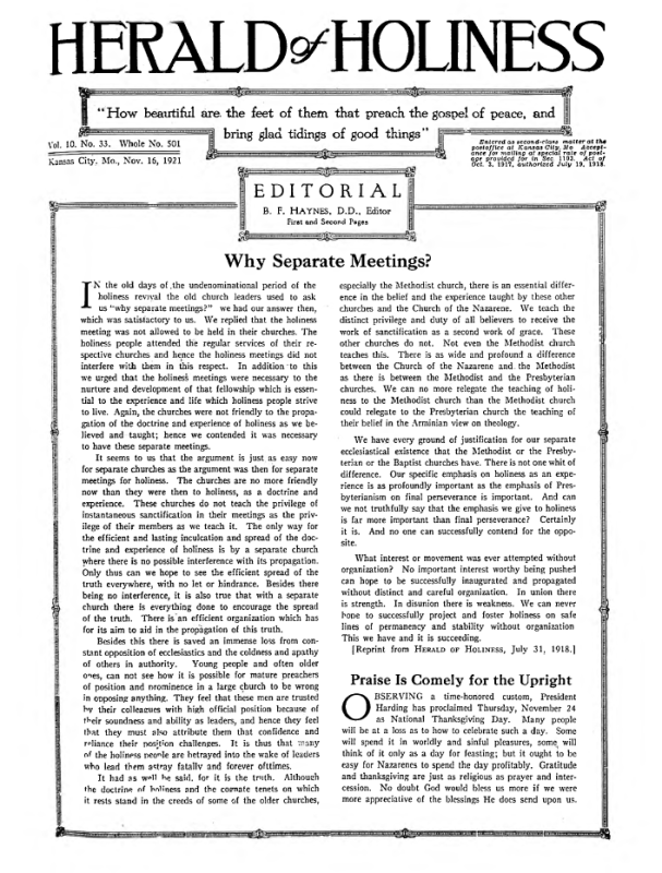 Front page of Herald of Holiness - November 16, 1921