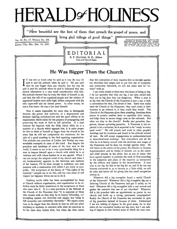 Front page of Herald of Holiness - December 14, 1921