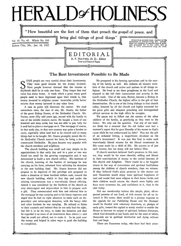 Front page of Herald of Holiness - January 18, 1922