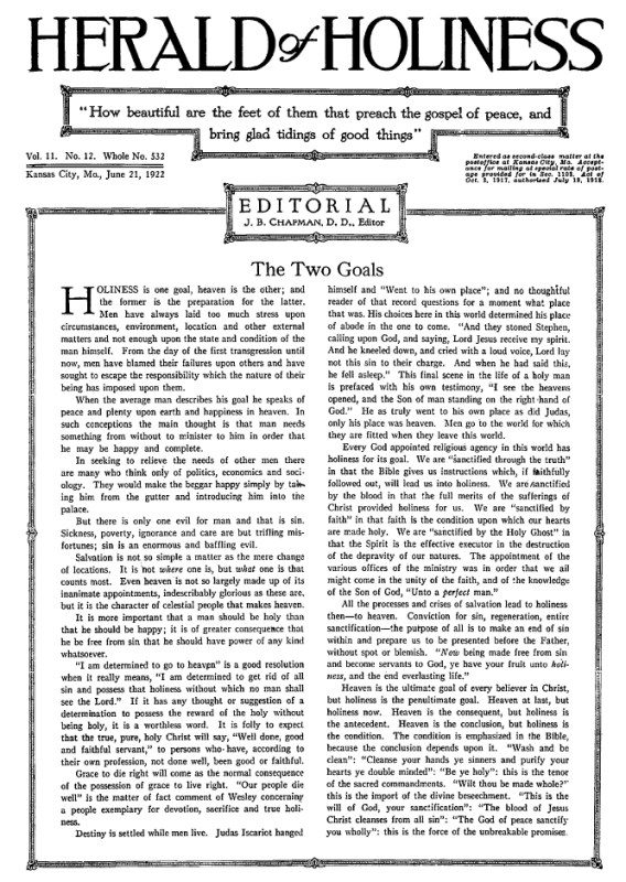 Front page of Herald of Holiness - June 21, 1922