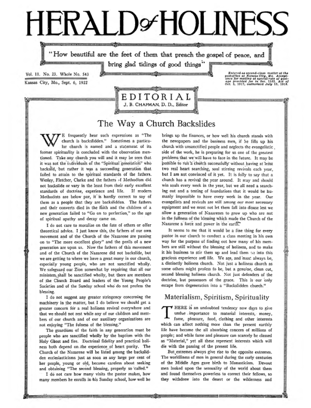 Front page of Herald of Holiness - September 6, 1922