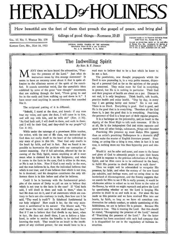 Front page of Herald of Holiness - May 16, 1923