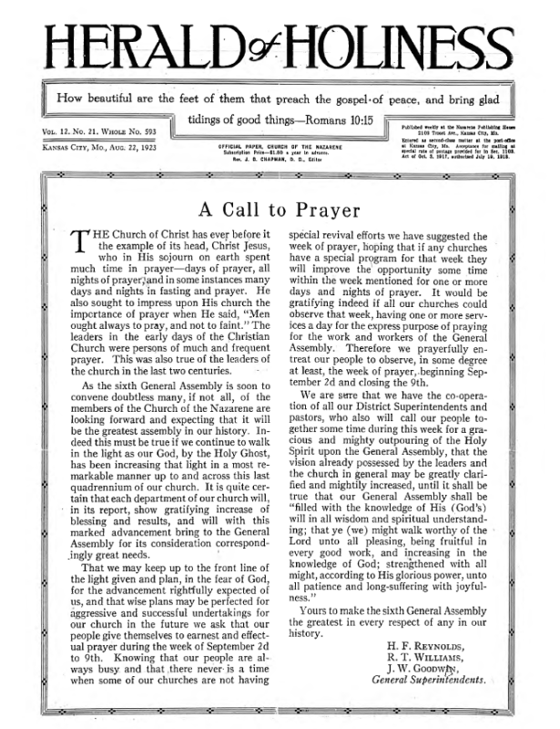 Front page of Herald of Holiness - August 22, 1923