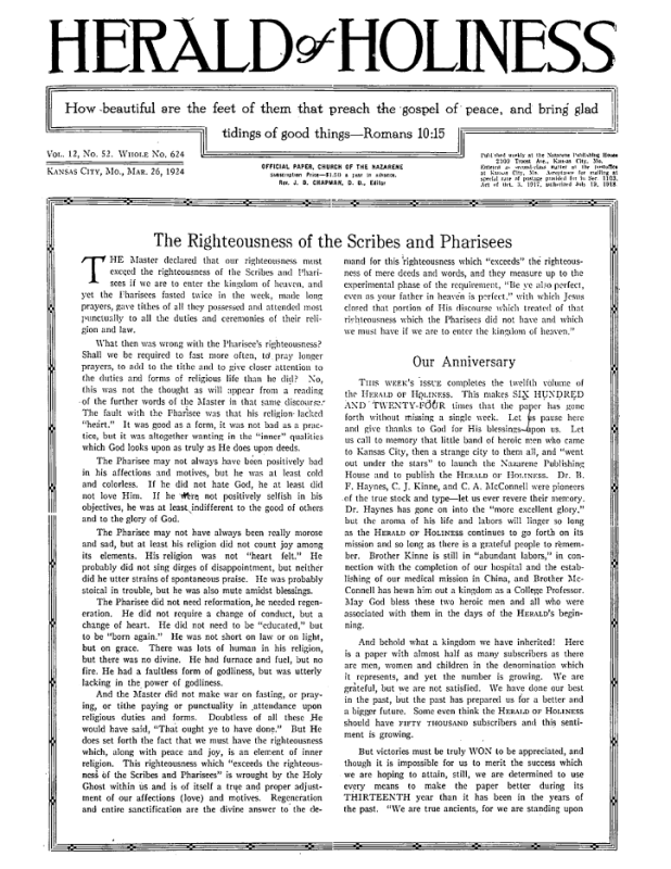 Front page of Herald of Holiness - March 26, 1924