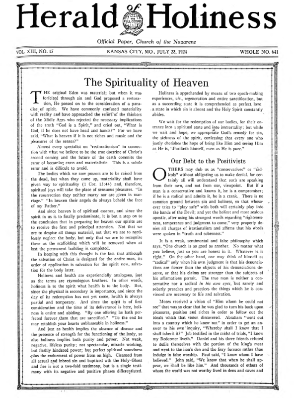 Front page of Herald of Holiness - July 23, 1924