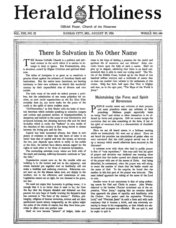 Front page of Herald of Holiness - August 27, 1924