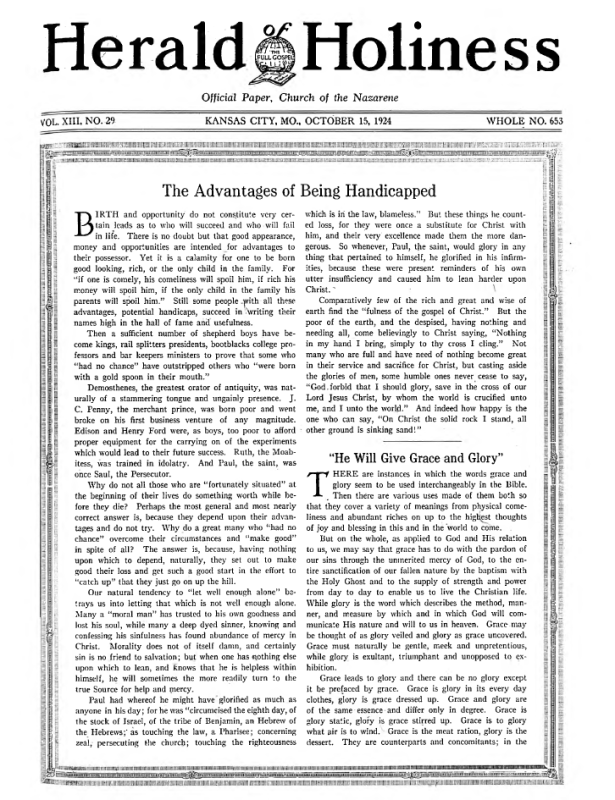 Front page of Herald of Holiness - October 15, 1924
