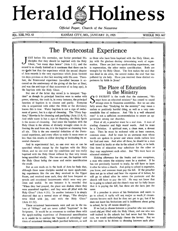 Front page of Herald of Holiness - January 21, 1925