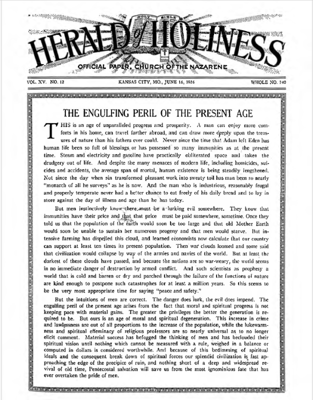 Front page of Herald of Holiness - June 16, 1926